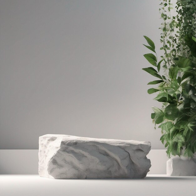 Stone podium display with white rock and plant blur foreground abstract background 3d render