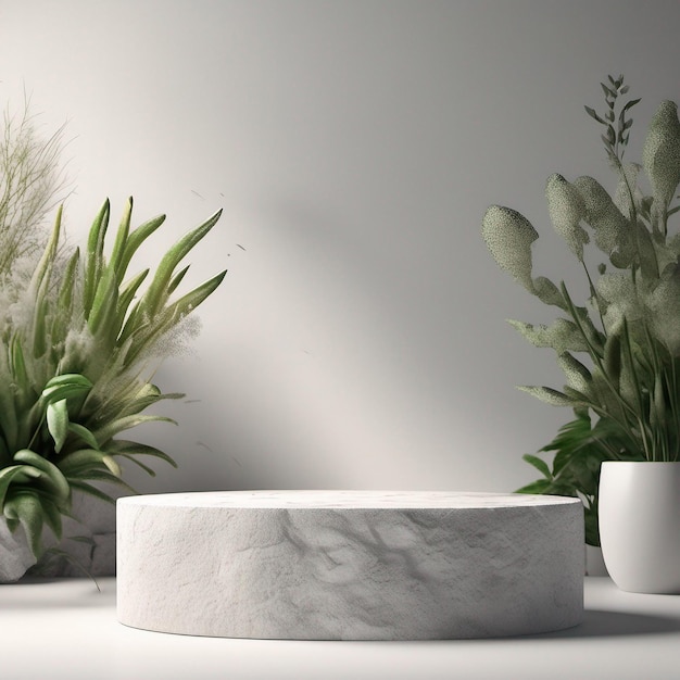 Stone podium display with white rock and plant blur foreground abstract background 3d render