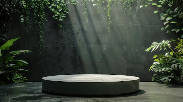 stone podium in a forest background creating a stage for outdoor product display