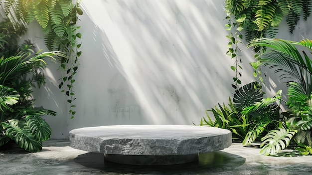 Stone podium in lush greenery luxury product stage minimal beauty display