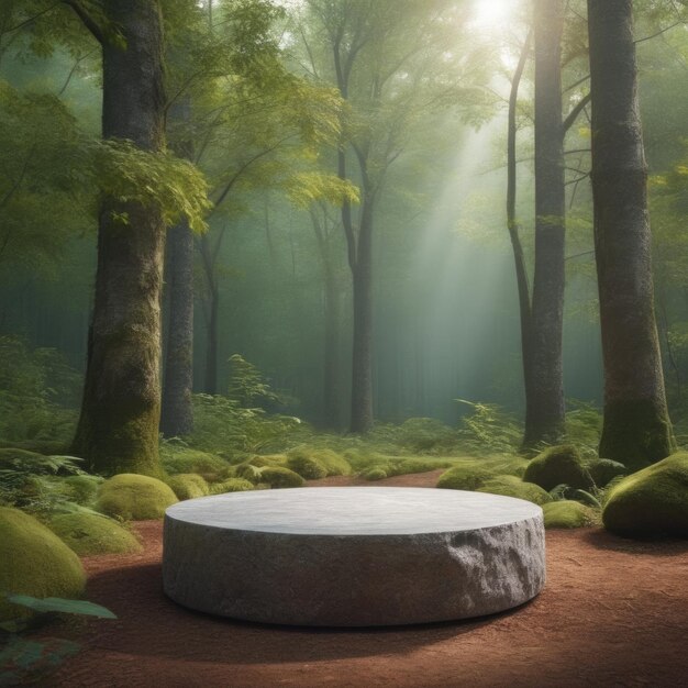 stone podium in the magical forest empty round stand