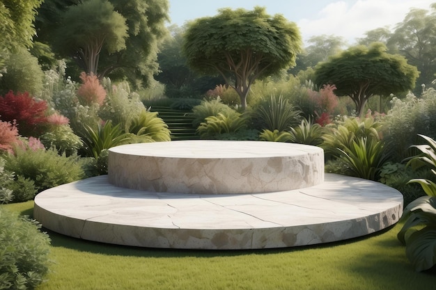 Stone podium platform in garden plants natural scenery For Presentation display cosmetics products