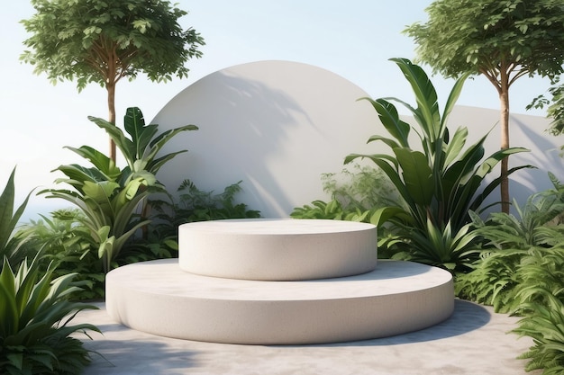 Stone podium platform in garden plants natural scenery For Presentation display cosmetics products