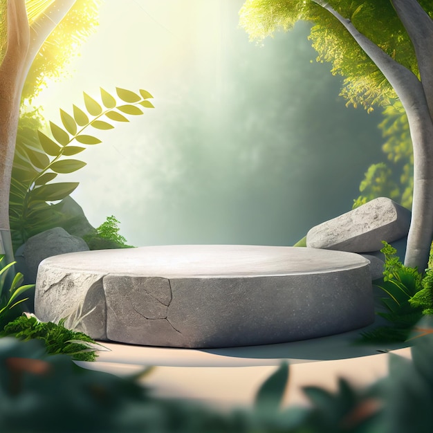 Stone podium or platform for product presentation display in the forest Generative AI