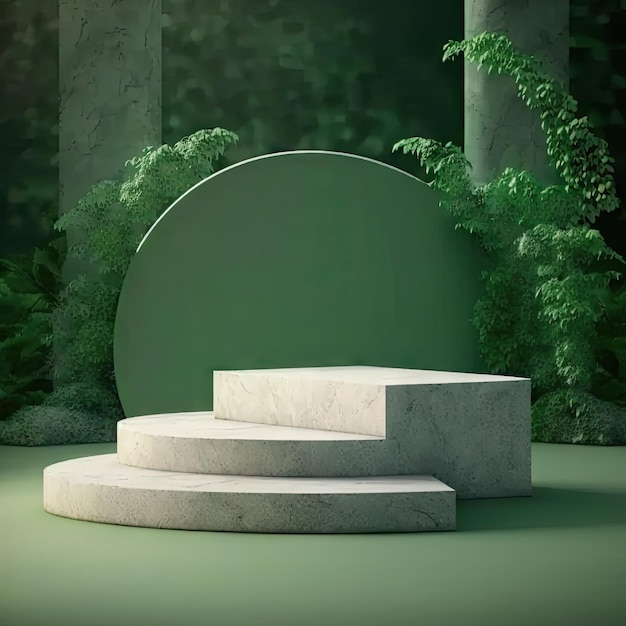 Stone Podium Product Display Platform Green Leaves Background Rock Pedestal Generative AI Illustration