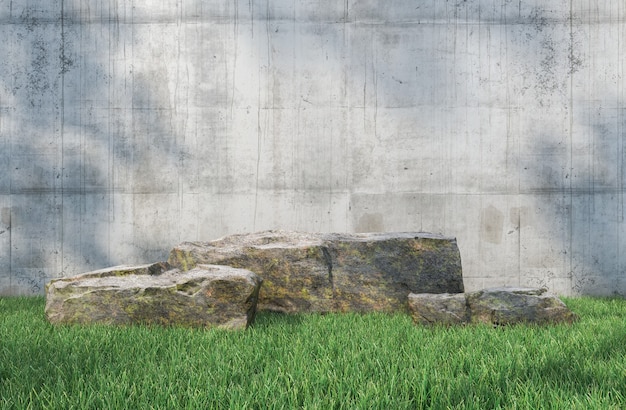 Stone podium for product on lawn with tree shadow and concrete wall