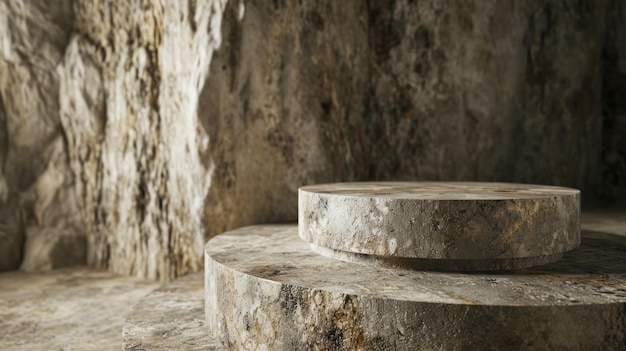 Foto podium in pietra per la presentazione dei prodotti sullo sfondo di una grotta per il montaggio della vetrina dei prodotti