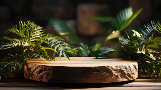 緑の植物を使った製品プレゼンテーション用の石の表彰台