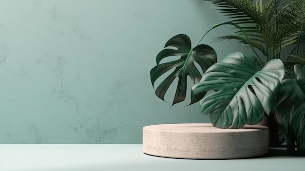 Stone podium for product presentation with tropical leaves background