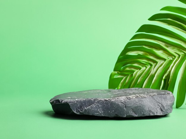 Stone podium product with tropical leaves on green background