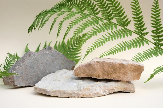 베이지색 배경에서 판촉을 위한 돌 연단 자연 암석 받침대 쇼케이스 디스플레이 모형 장면