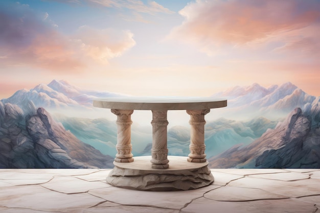 Stone Podium Table Top Against Landscape With Mountains In Pastel Colors Generative AI