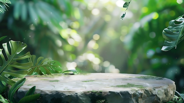 Photo stone podium table top outdoors blur green monstera tropical forest plant nature bac generative ai