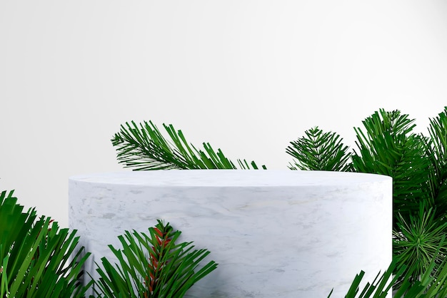 Stone podium with fir trees 3d render