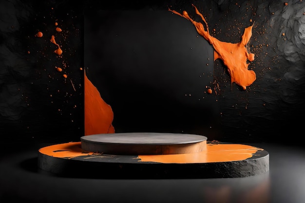 Stone podium with orange paint splash and black background