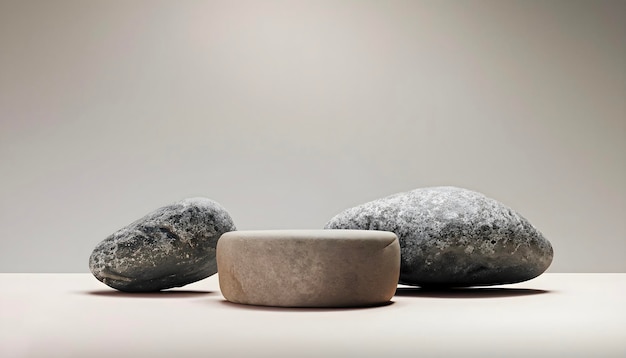 Foto un podio in pietra con ciottoli e pietre naturali mock up per l'esposizione del prodotto