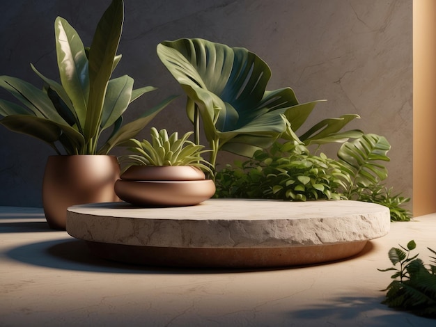 Photo stone podium with plants for product presentation