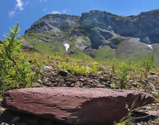 Stone Podium with a view of the mountains. The front showcase with a stage for products. A pedestal