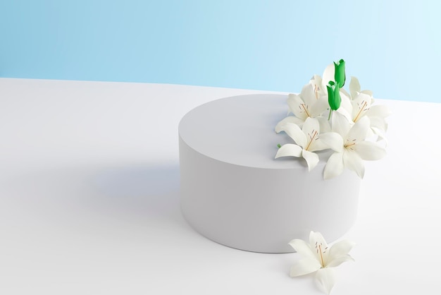 Stone podium with white lily flowers d render