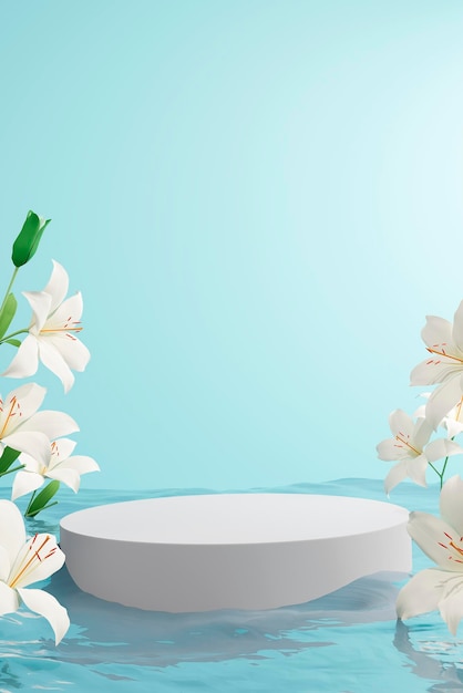 Stone podium with white lily flowers in water background d render