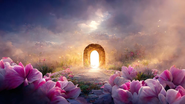 Photo a stone portal in a flower arch in a pink fairytale forest clearing 3d rendering raster illustration
