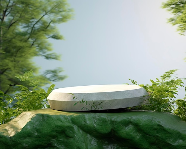 Stone product display podium for cosmetic product with green nature garden background