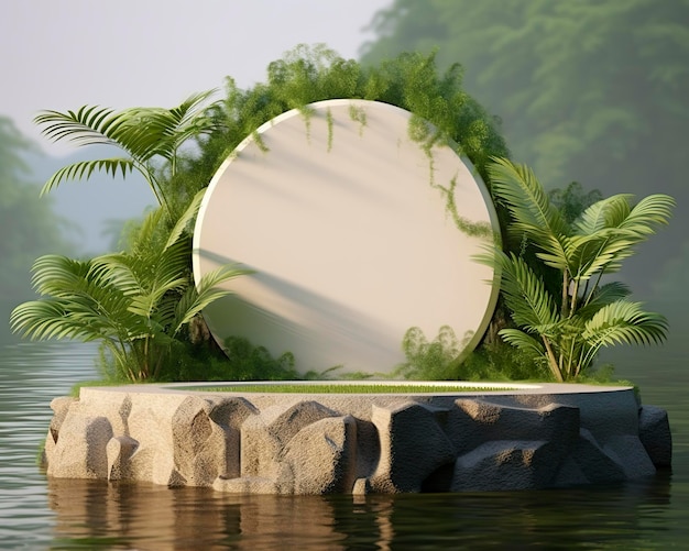 Photo stone product display podium for cosmetic product with green nature garden background