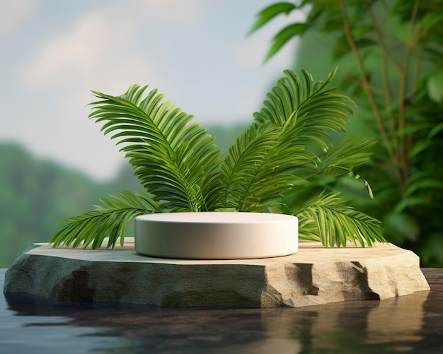 Stone product display podium voor cosmetisch product met groene natuur tuin achtergrond