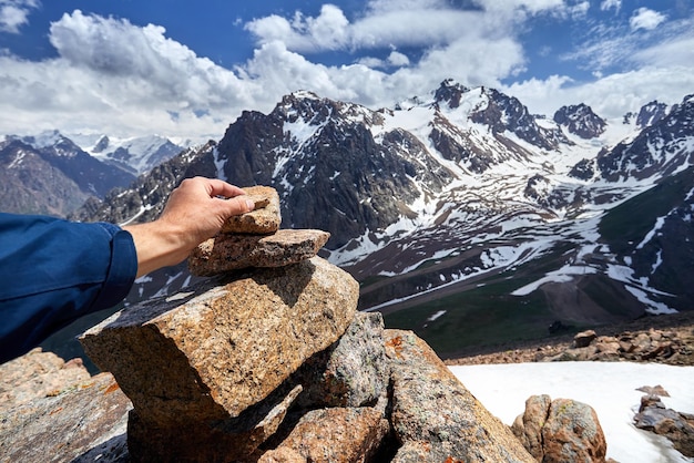 Stone pyramid in the mountains