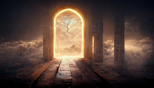 A stone road leads to a portal to another dimension 3D illustration