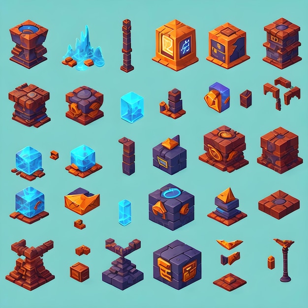 Каменные скалы и пещера набор активов спрайтов видеоигр, изолированные на твердом фоне цвета