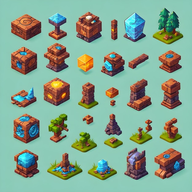 Stone rocks and cavern set of videogame sprite assets isolated on solide colore backgrounds