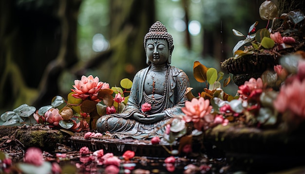 Foto scultura in pietra di buddha con ia generativa di loto