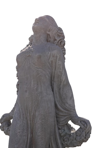 stone sculpture of woman looking up on white background