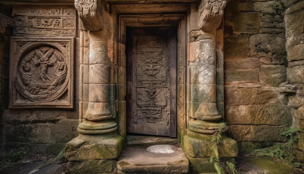 Photo stone sculptures adorn ancient ruins of angkor generated by ai