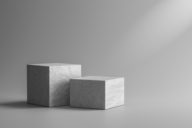 石のショーケースや岩の表彰台は、大理石とスポットライトの概念と灰色の背景の上に立ちます。デザイン用製品展示台座。 3Dレンダリング。