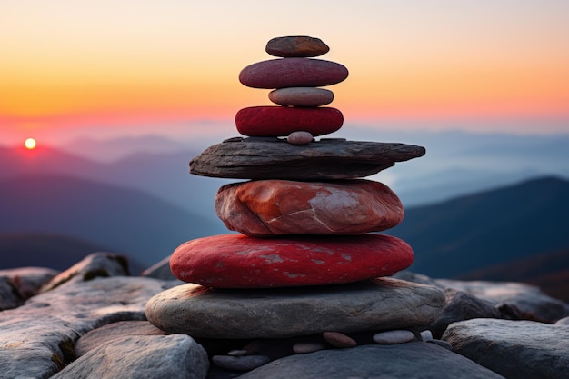 Photo stone stacks atop rocks catching morning light beautiful sunrise image