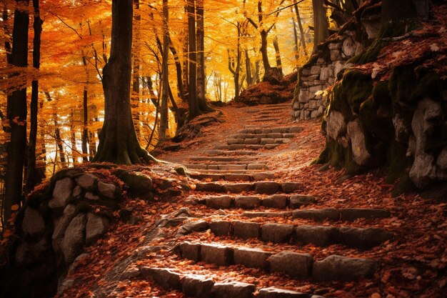 Photo stone stair path in autumn forest