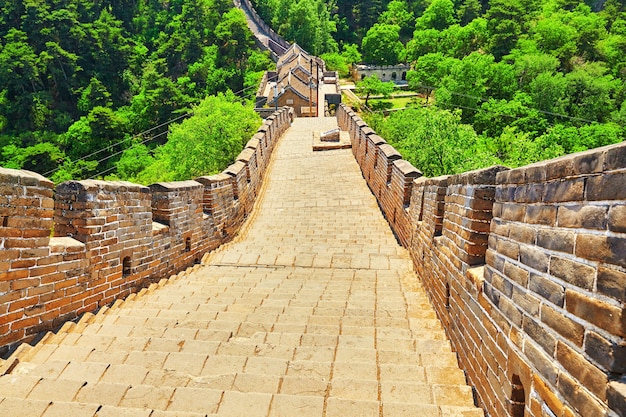 Stone staircase of Great Wall of China, section "Mitianyu". Suburbs of Beijing.