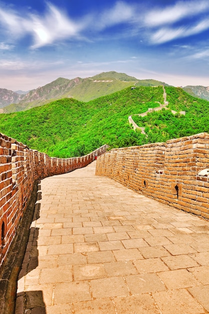 Stone staircase of Great Wall of China, section "Mitianyu". Suburbs of Beijing.