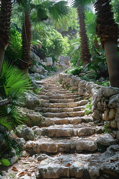 숲 속 의  나무 로 둘러싸인 돌 의 계단
