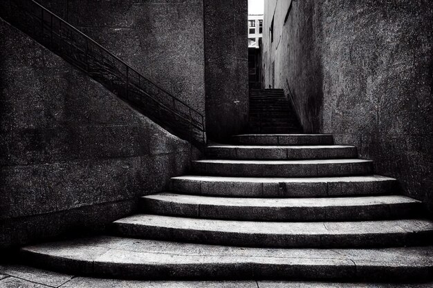 Stone stairs outside house in grey black tones