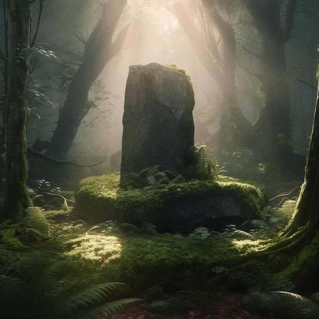 a stone statue in a forest with moss on the ground.