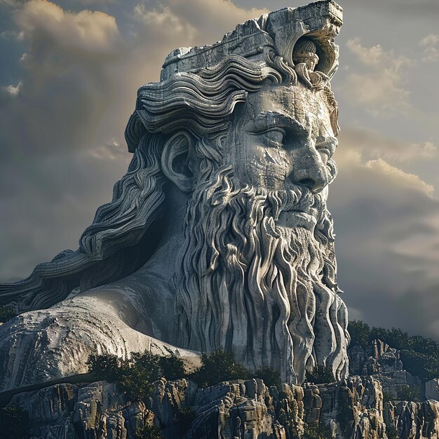 Foto una statua di pietra di un uomo con la barba e la barba è su una montagna