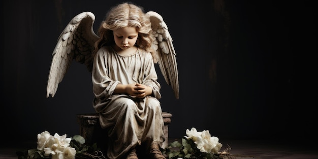 Photo stone statue of a small sad angel sitting on the floor generative ai