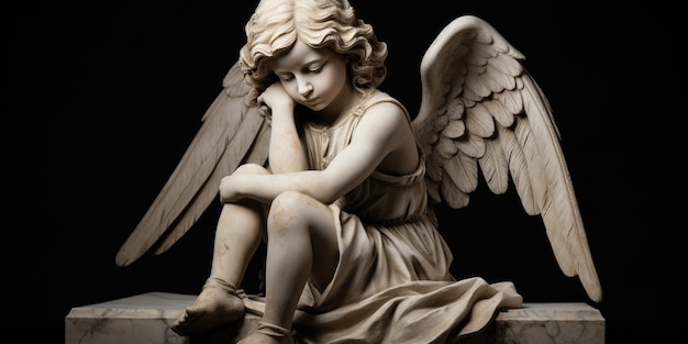 stone statue of a small sad angel sitting on the floor Generative AI
