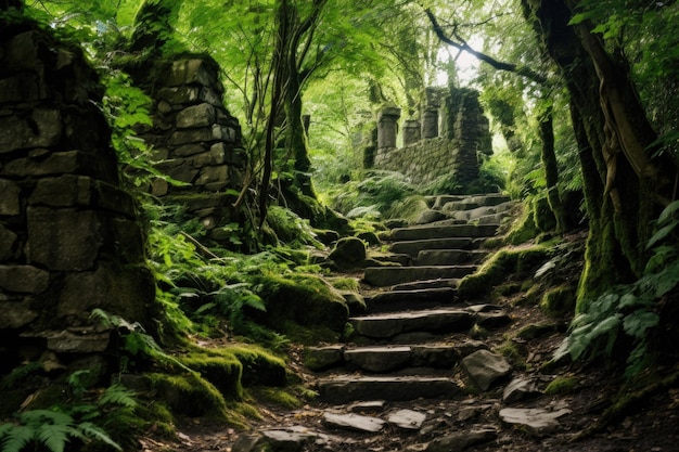 丘を登る急な道の石段