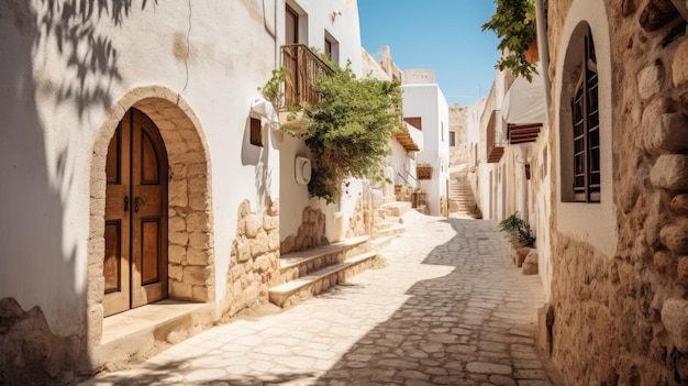 a stone street with buildings on both sides