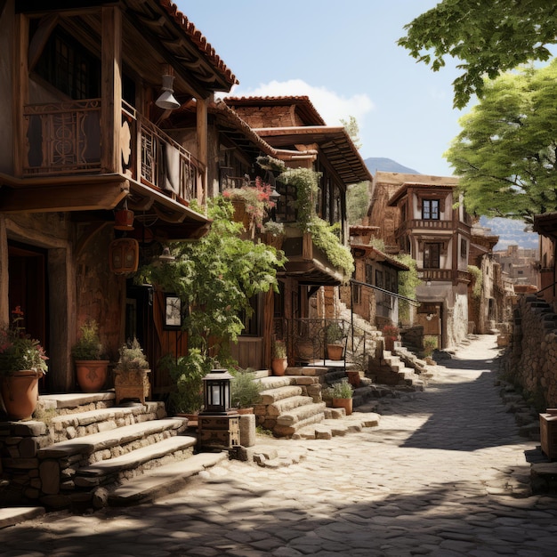 каменная улица с каменными лестницами и каменными зданиями