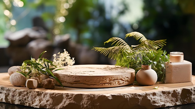 Stone and sustainable materials podium surrounded by empty plants for product placement Model for exhibitions product presentation cosmetics therapy relaxation and spa Generative ai